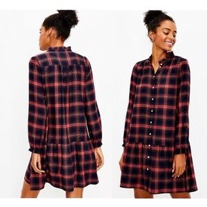 Loft Navy Blue/Red Plaid Drop Waist Shirtdress